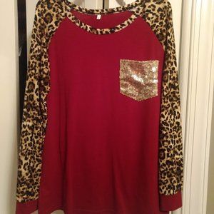 Sequin/animal print crew neck top